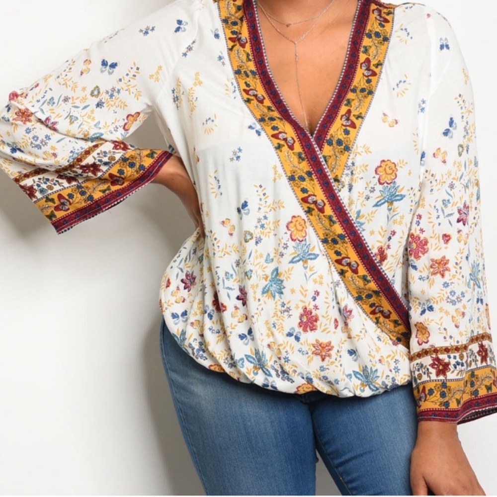 Love Riche Floral Surplice Bohemian Blouse Top White 2XL NWT
